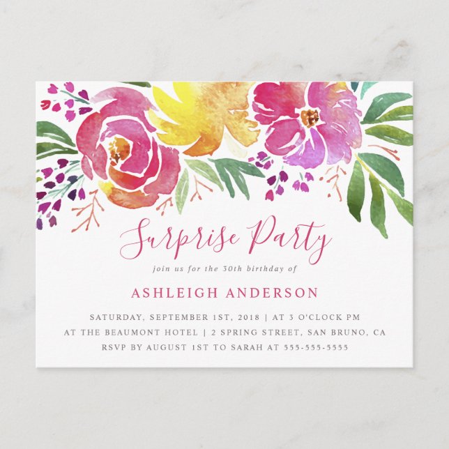 Invitación de fiesta sorpresa floral con acuarela  (Anverso)