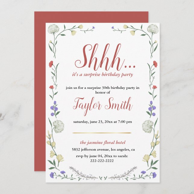 invitación de fiesta sorpresa floral elegante de w (Anverso / Reverso)