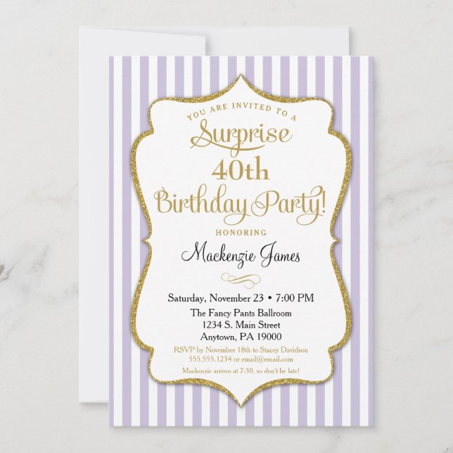 Invitación de fiesta sorpresa Lavender Lilac Gold (Anverso)