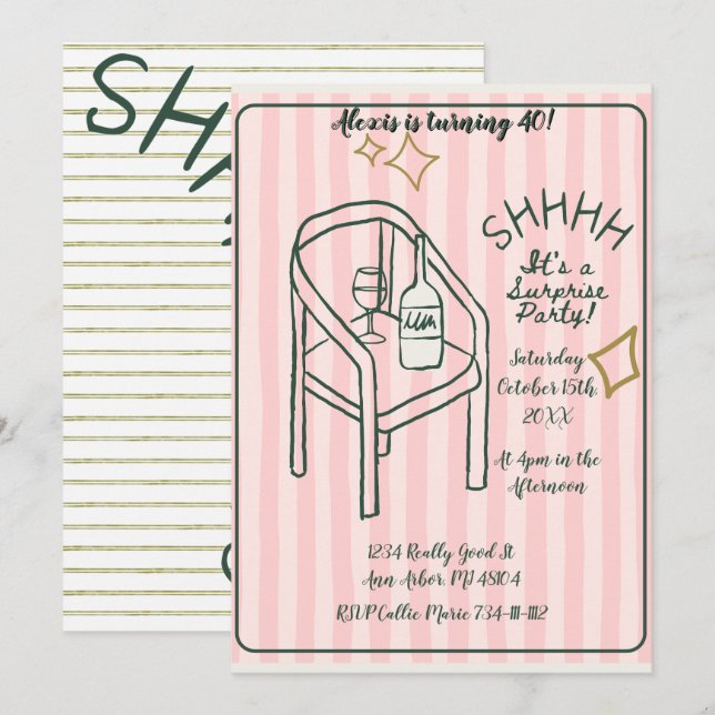 Invitación de fiesta sorpresa rayas rosadas Shhh (Anverso / Reverso)