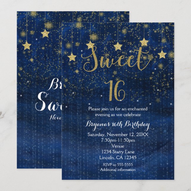 Invitación de fiesta Sweet 16 de estrellas doradas (Anverso / Reverso)