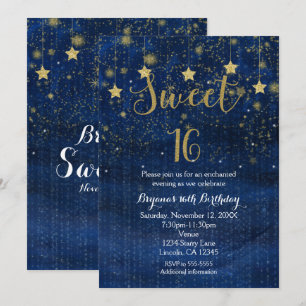 Invitación de fiesta Sweet 16 de estrellas doradas