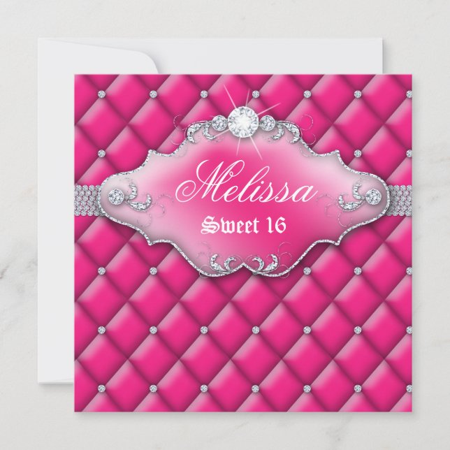 Invitación de fiesta Sweet 16 en satén rosa tufted (Anverso)