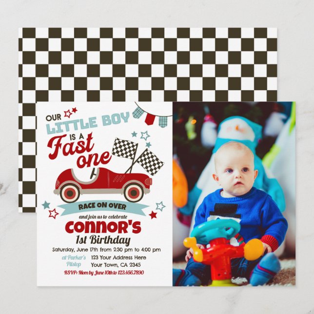 Invitación de fiesta temática de autos de carrera  (Anverso / Reverso)