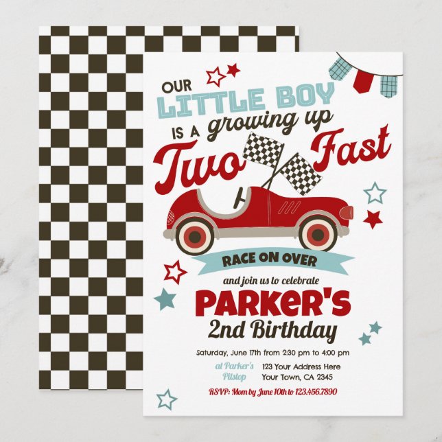 Invitación de fiesta temática de autos de carrera  (Anverso / Reverso)