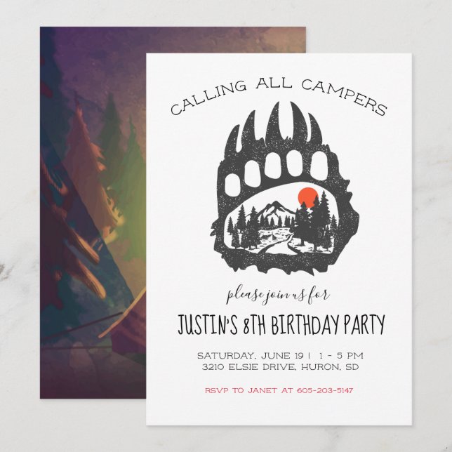 Invitación de fiesta temática de camping (Anverso / Reverso)