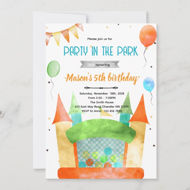invitación de fiesta temática de casa de rebote (Anverso)
