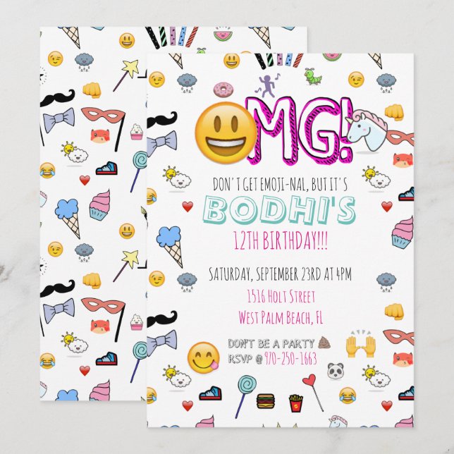 Invitación de fiesta temática de emojis (Anverso / Reverso)