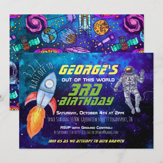 Invitación de fiesta temática de espacio exterior (Anverso / Reverso)