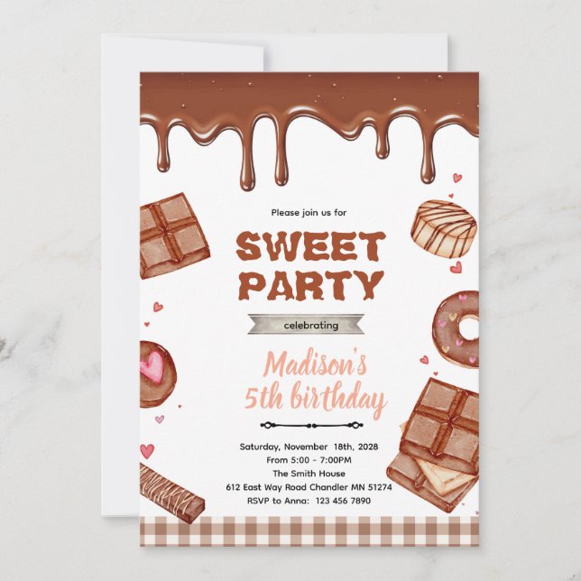 invitación de fiesta temática de postre de chocola (Anverso)