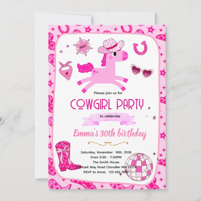 invitación de fiesta vaquera Pink Pony (Anverso)