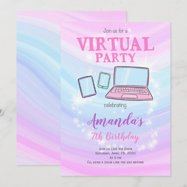 Invitación de Fiesta virtual, invitación de cumple (Anverso / Reverso)