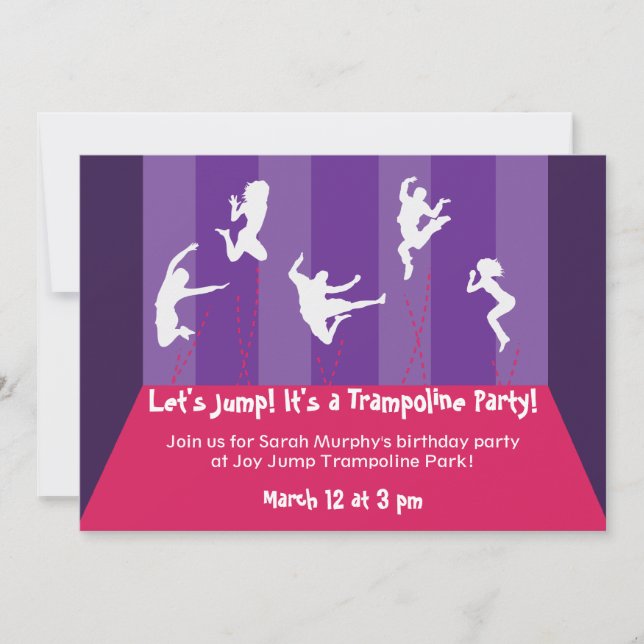 Invitación de Fiestas de Trampoline Rosa y Morado (Anverso)