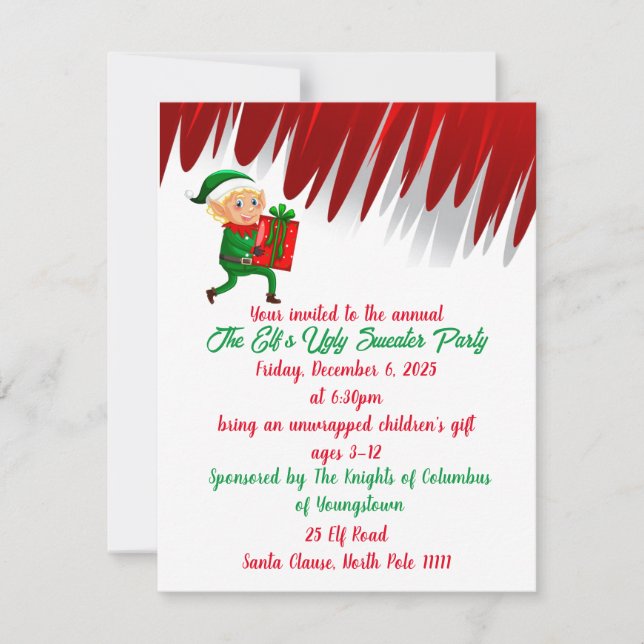 Invitación de fiestas navideñas con suéter feo de  (Anverso)