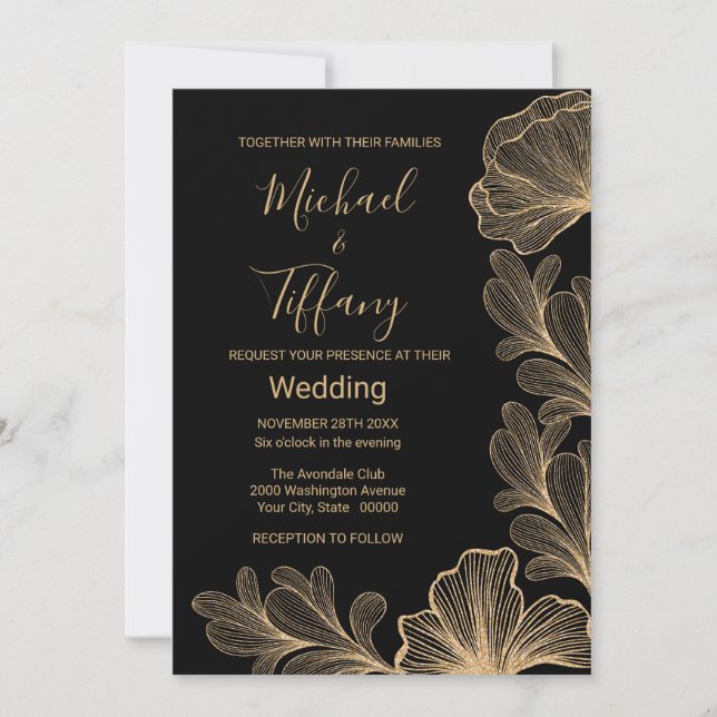 Invitación de filigrana romántica de oro negro bod (Anverso)