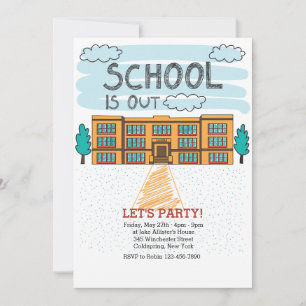 Invitación de final de año escolar en edificio esc