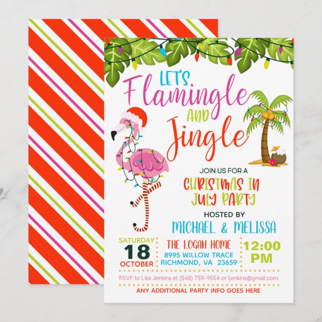 Invitación de Flamingle y Jingle Navidad en Julio (Anverso / Reverso)