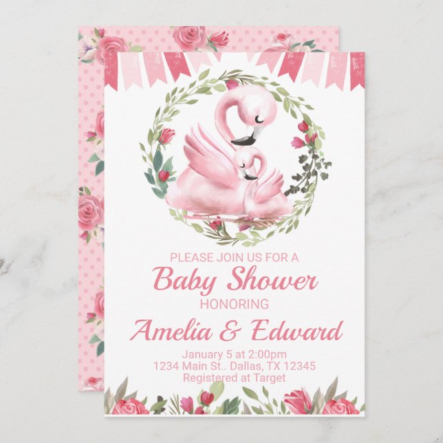 Invitación de Flamingo Baby Shower (Anverso / Reverso)