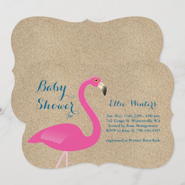 Invitación de Flamingo Baby Shower - Arena de play (Anverso / Reverso)