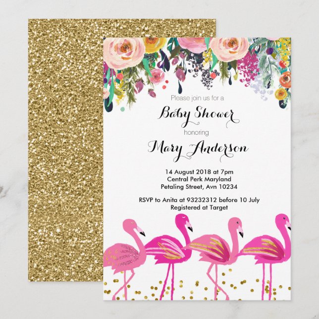 Invitación de Flamingo Baby Shower rosa (Anverso / Reverso)