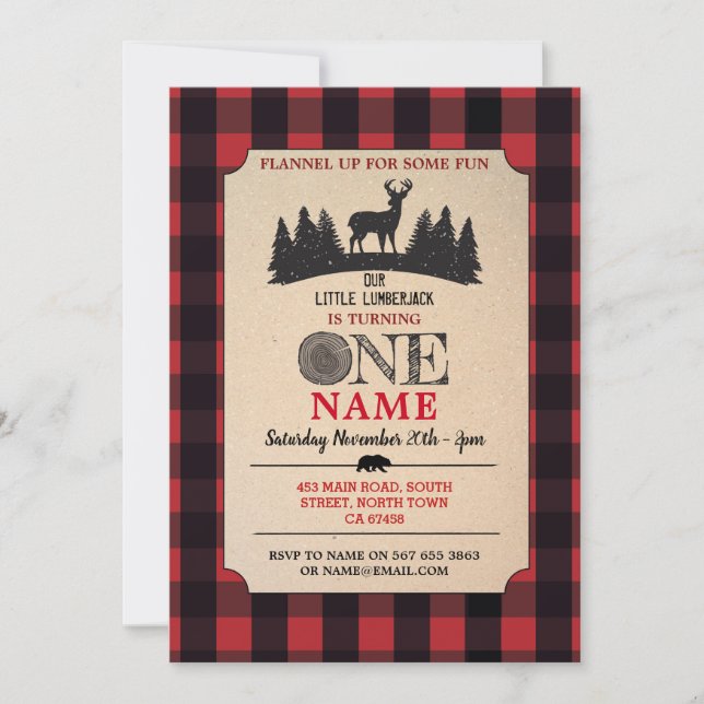 Invitación de Flannel Rojo al primer cumpleaños de (Anverso)