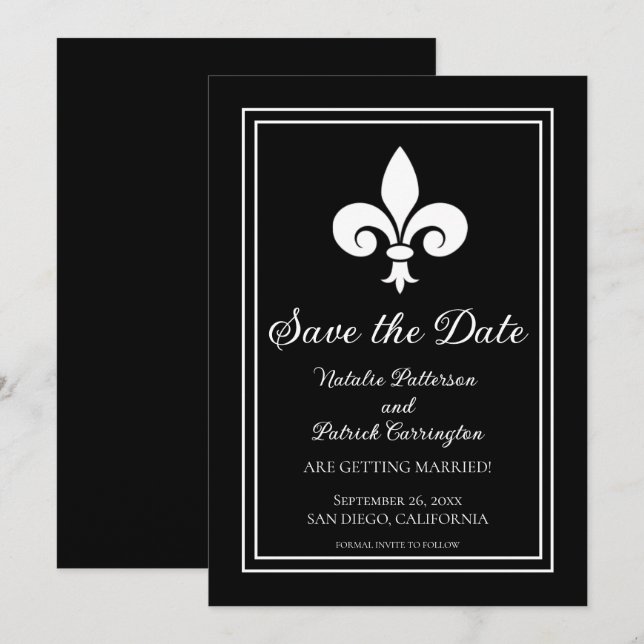 Invitación de Fleur de Lis Negro para Guardar la F (Anverso / Reverso)