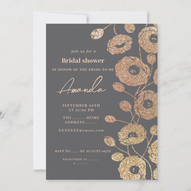 Invitación de flor de amapola gris con brillo (Anverso)