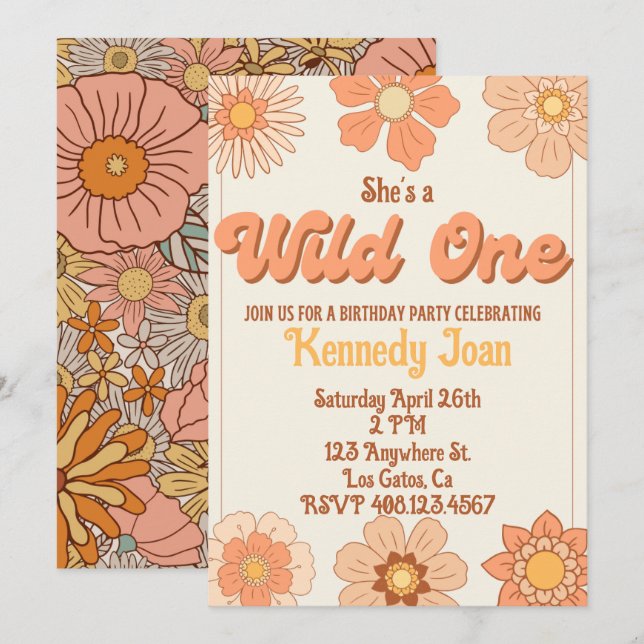 Invitación de Flor Retro Wild One (Anverso / Reverso)