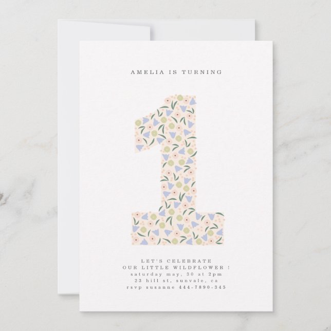 Invitación de floral de primer cumpleaños (Anverso)