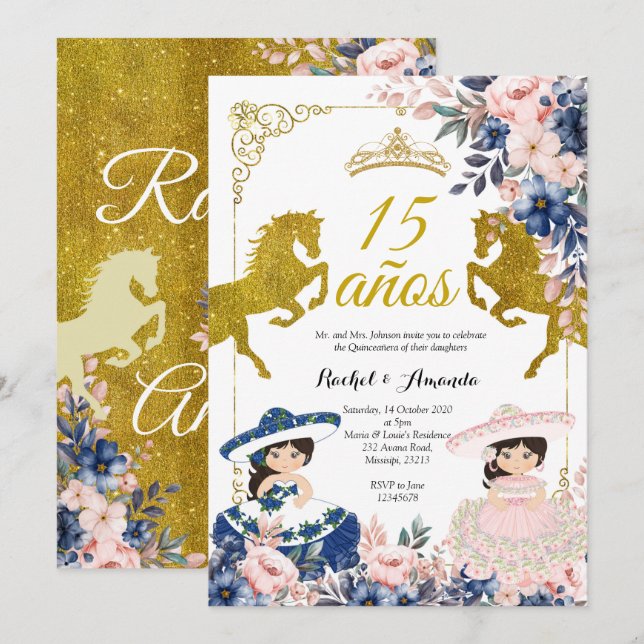 Invitación de Floral Gold 15 años Twin Quinceañera (Anverso / Reverso)