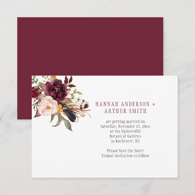 Invitación de Florales Boho Marsala para Guardar l (Anverso / Reverso)