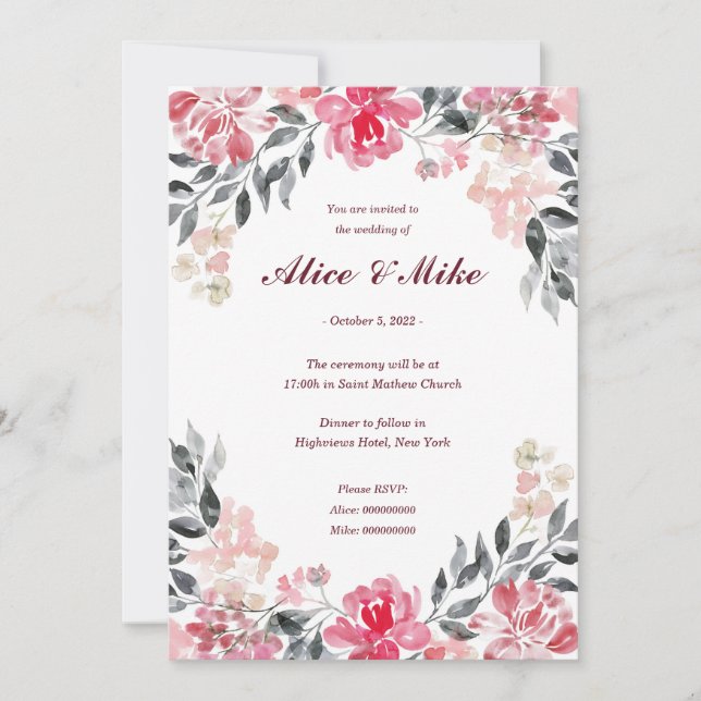 Invitación de flores acuarela botánicas rosa y gri (Anverso)