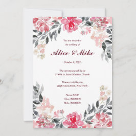 Invitación de flores acuarela botánicas rosa y gri