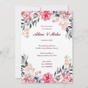 Invitación de flores acuarela botánicas rosa y gri