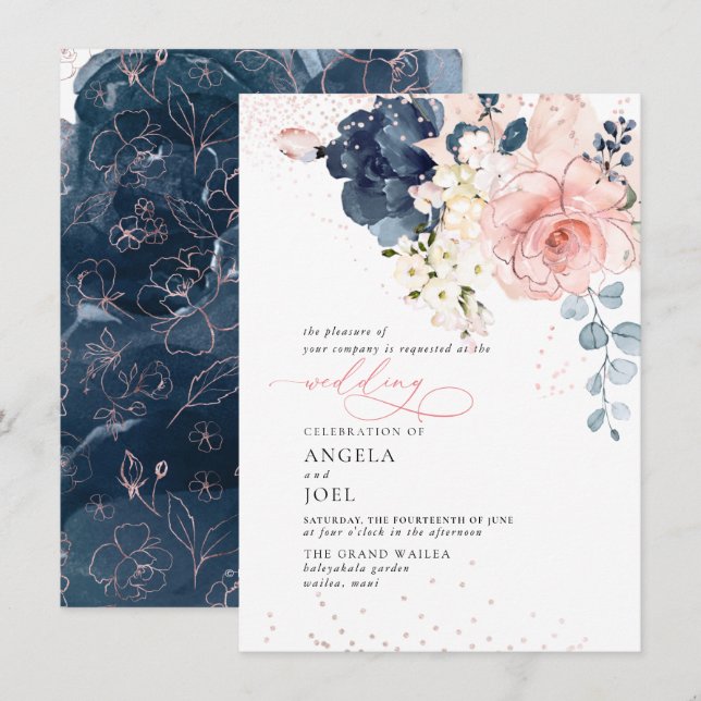 Invitación de flores acuarelas rosa y azul marino  (Anverso / Reverso)