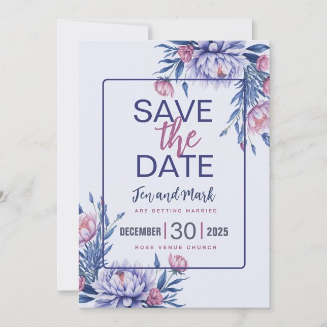 Invitación de flores azules rosadas grises para gu (Anverso)