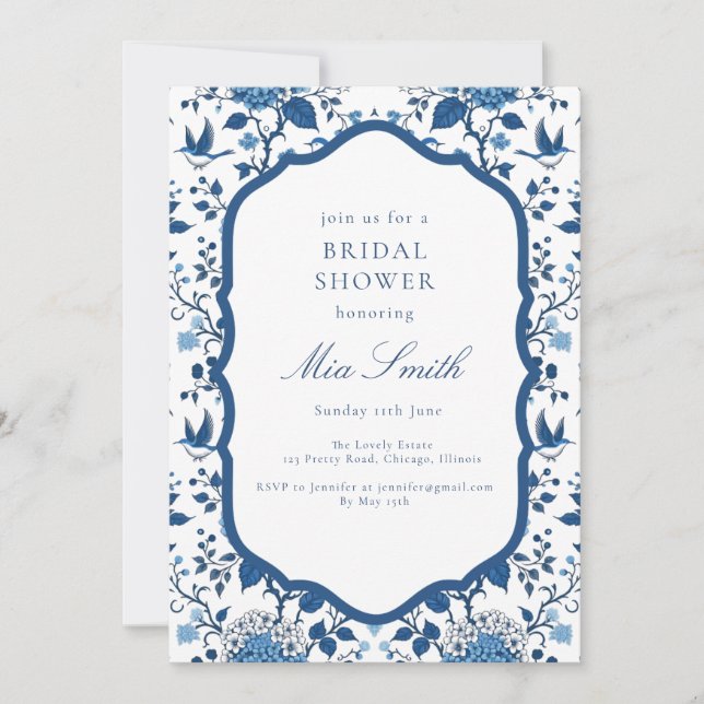 Invitación de flores azules y aves de Chinoiserie (Anverso)