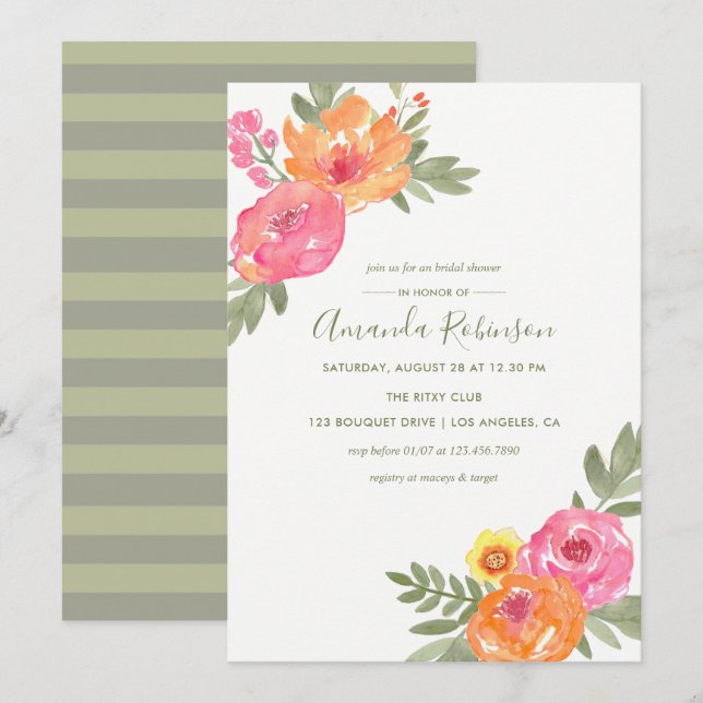 Invitación de flores de acuarela para ducha de nov (Anverso / Reverso)
