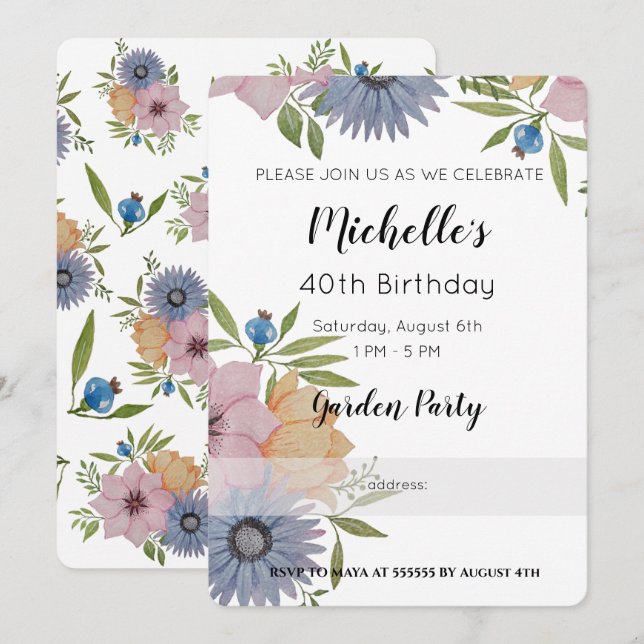 Invitación de Flores de Acuarela para Fiesta de Cu (Anverso / Reverso)