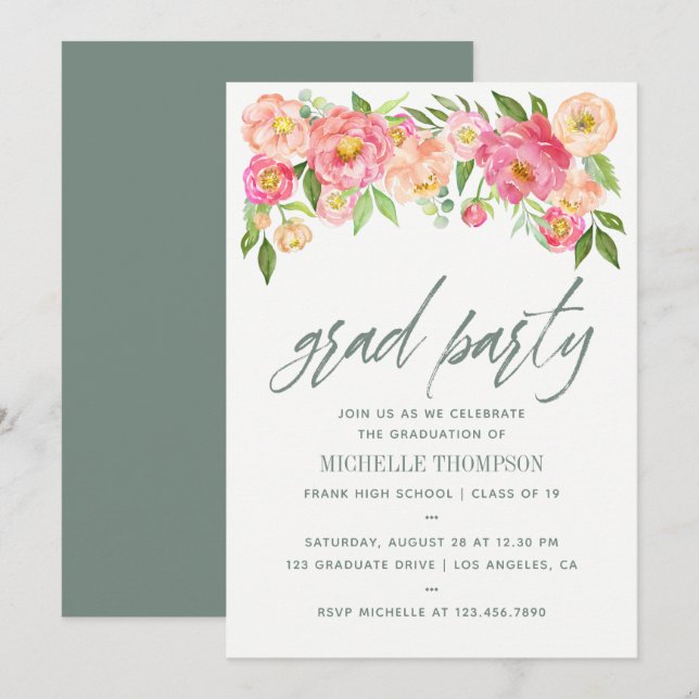 Invitación de flores de peonía para fiesta de grad (Anverso / Reverso)