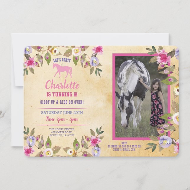 Invitación de flores florales de pony rosa para fi (Anverso)