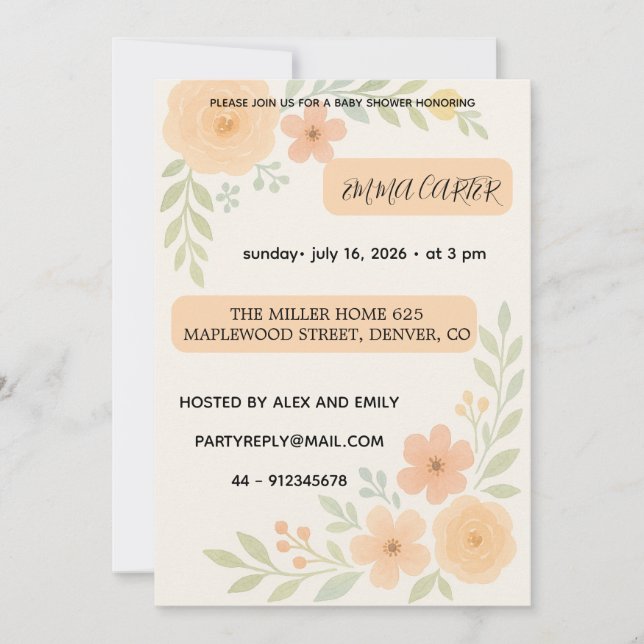 Invitación de flores para baby shower dulce (Anverso)
