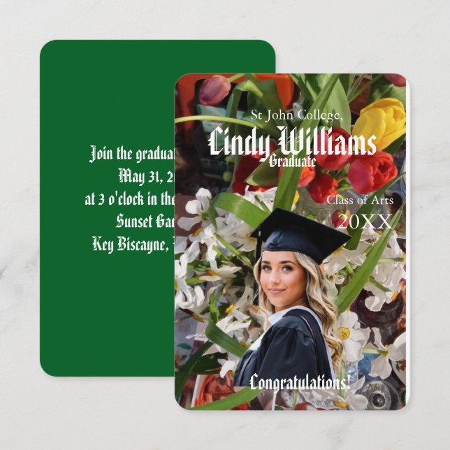 invitación de flores para fiesta de foto de gradua (Anverso / Reverso)