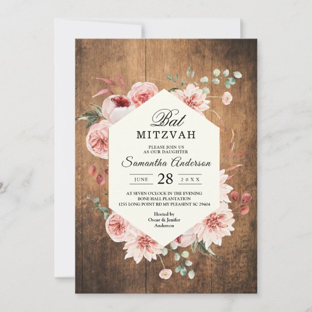 Invitación de flores pasteles de madera y acuarela (Anverso)