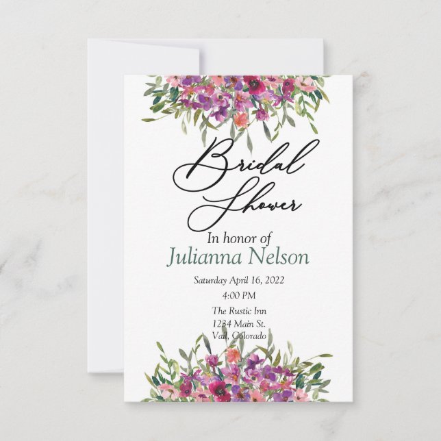 Invitación de flores silvestres de acuarela púrpur (Anverso)