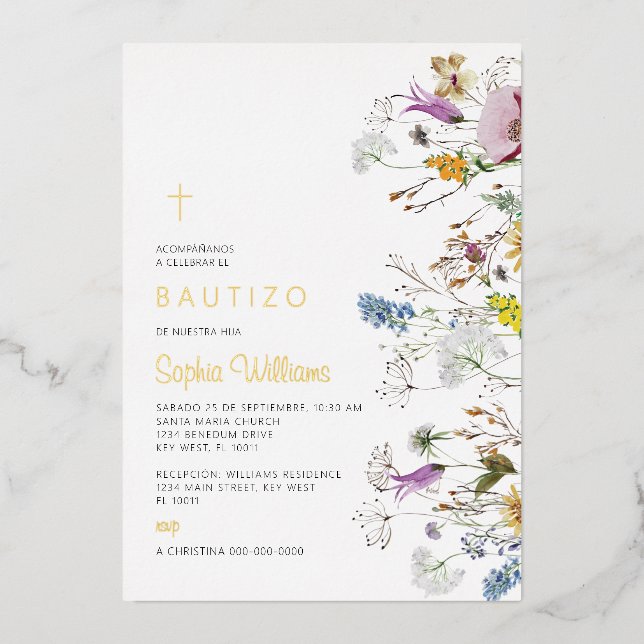 Invitación de Flores Silvestres para Bautizo (Anverso)
