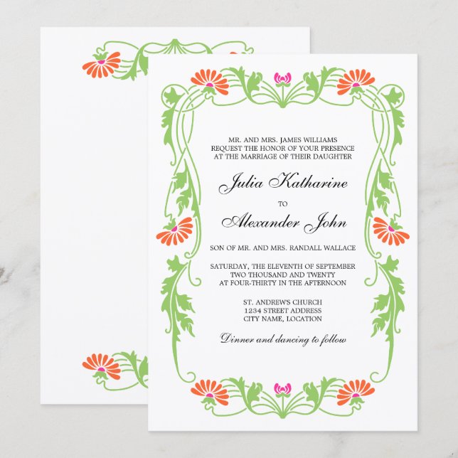 Invitación de flores y espirales de hoja elegante (Anverso / Reverso)