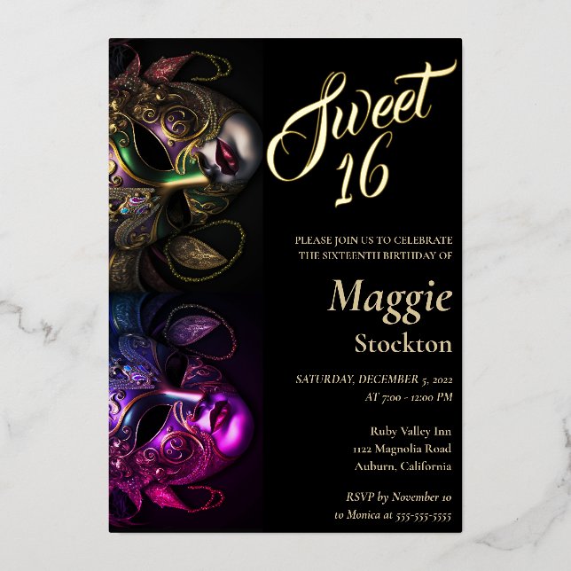 Invitación de Foil para Mascarada Nocturna Sweet 1 (Anverso)