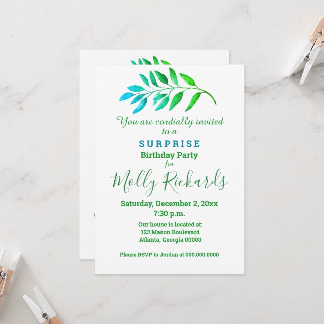 Invitación de follaje verde azul Fiesta sorpresa (Anverso/Reverso In Situ)