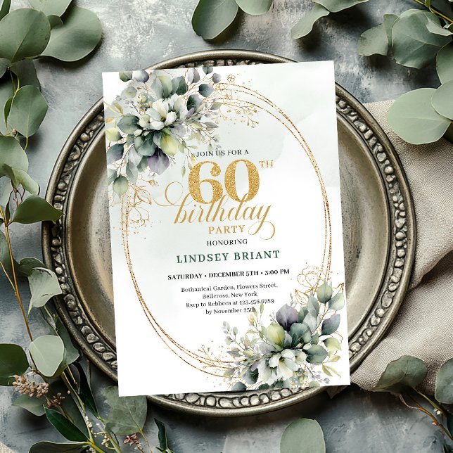 Invitación de follaje verde boho para 60 cumpleaño (Boho 60th Birthday Greenery Foliage Invite

)